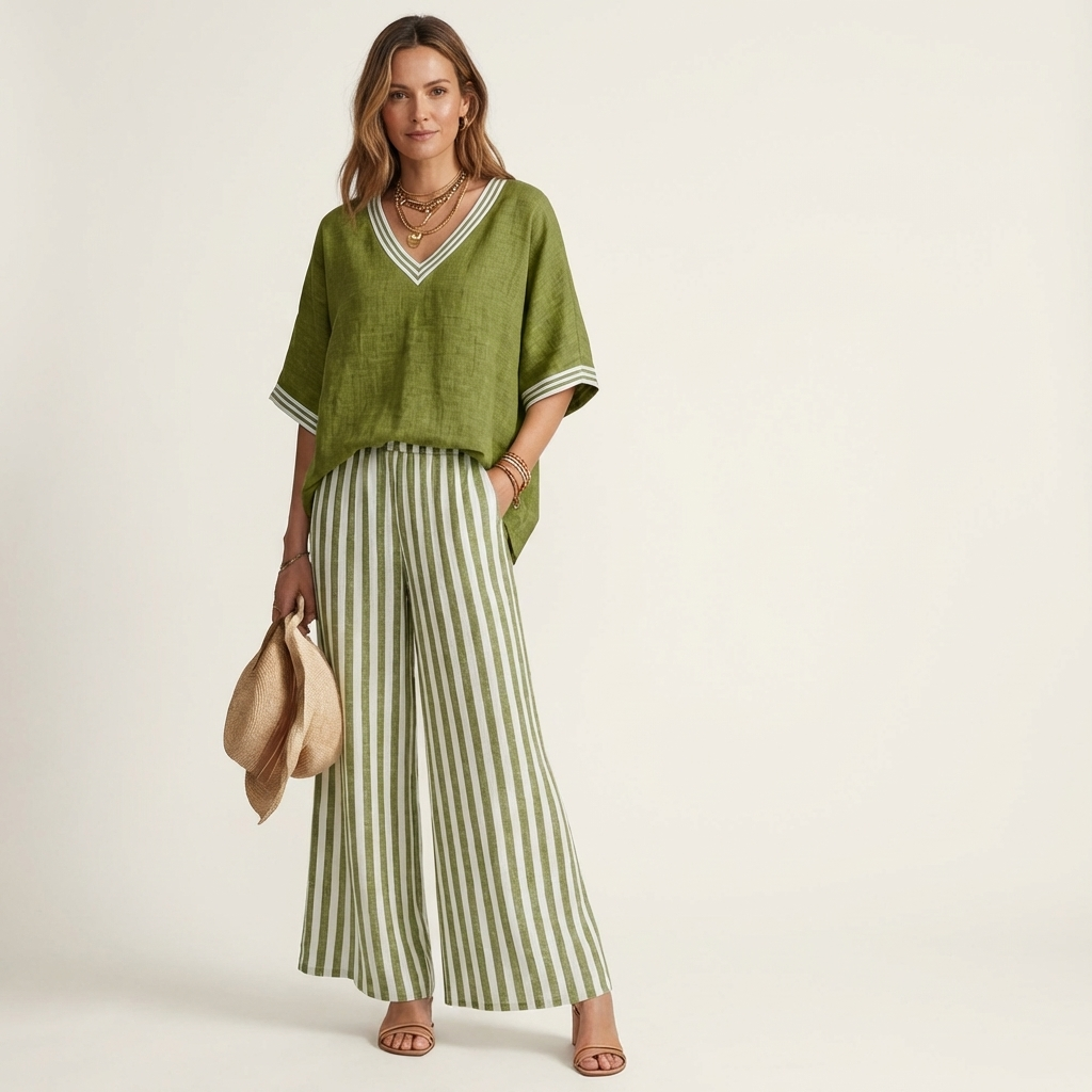 Juliana | Set with V-neck trim top and wide-leg striped trousers