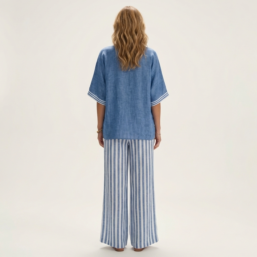 Juliana | Set with V-neck trim top and wide-leg striped trousers