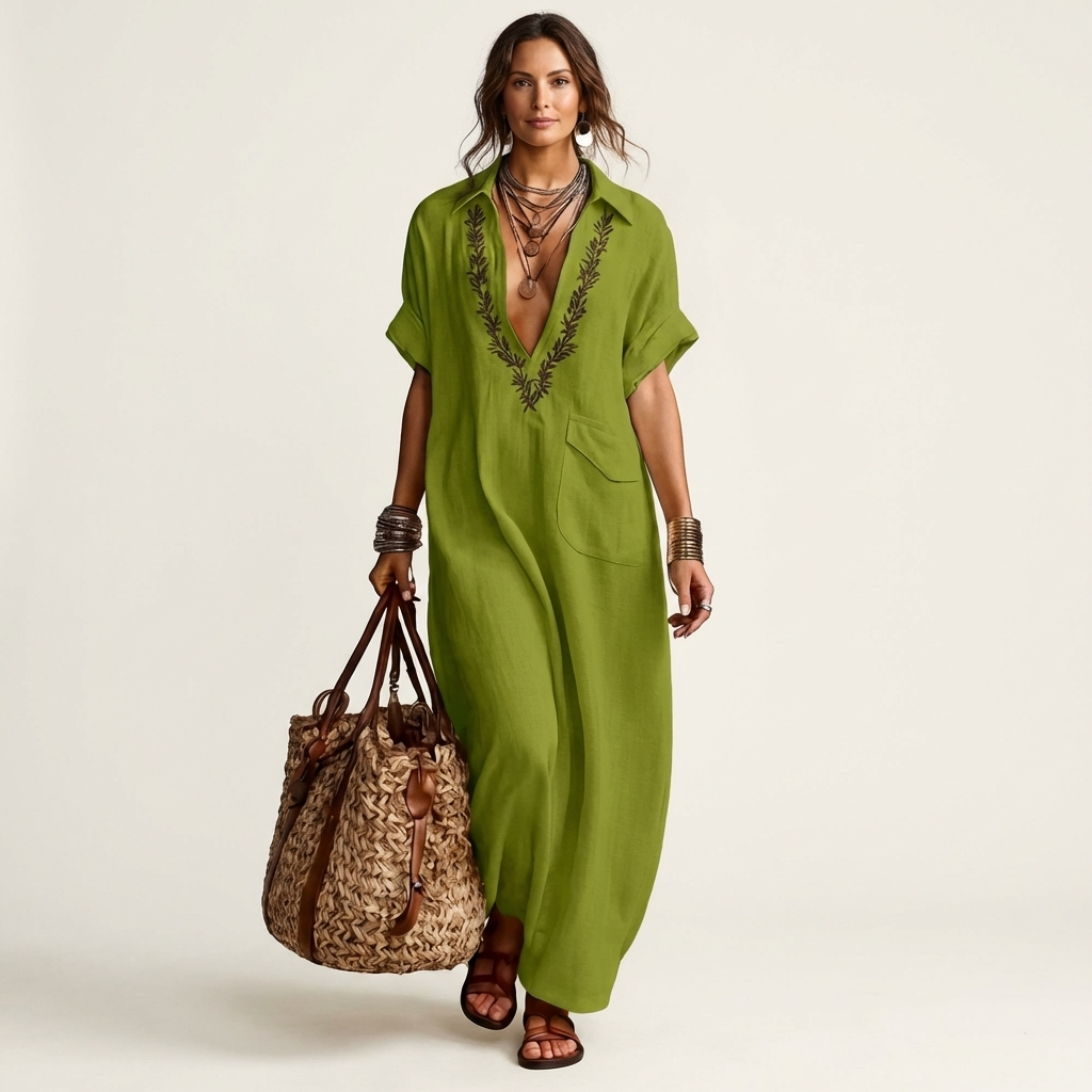 Amarina | Long linen dress with collar and embroidered V-neckline