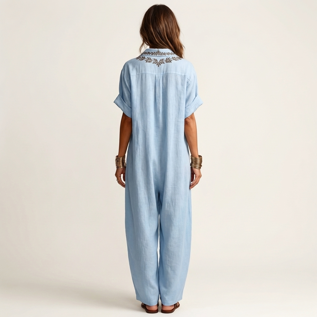 Amarina | Long linen dress with collar and embroidered V-neckline