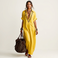 Amarina | Long linen dress with collar and embroidered V-neckline
