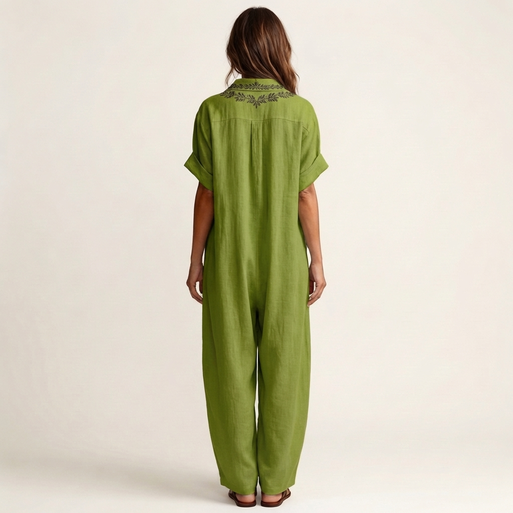 Amarina | Long linen dress with collar and embroidered V-neckline