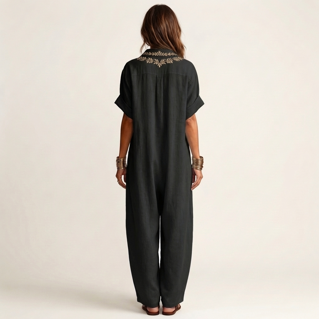 Amarina | Long linen dress with collar and embroidered V-neckline