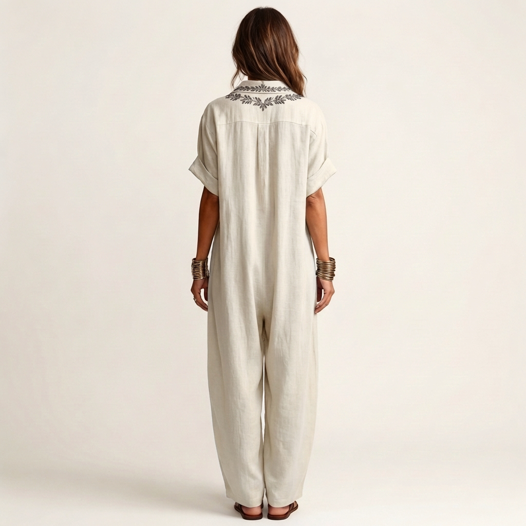 Amarina | Long linen dress with collar and embroidered V-neckline
