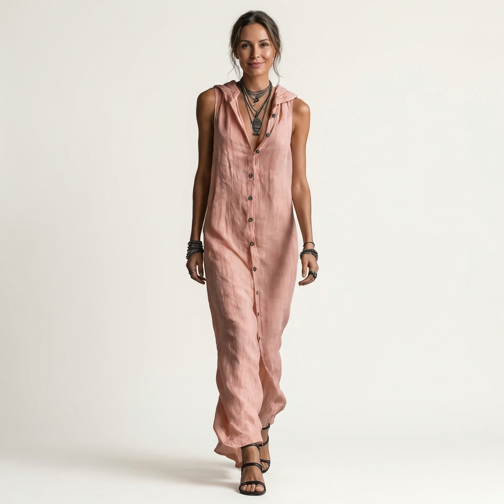 Mirabell | Sleeveless long linen dress with hood and front buttons