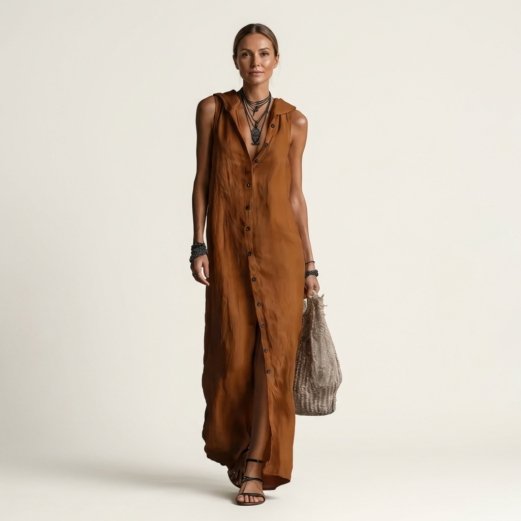 Mirabell | Sleeveless long linen dress with hood and front buttons