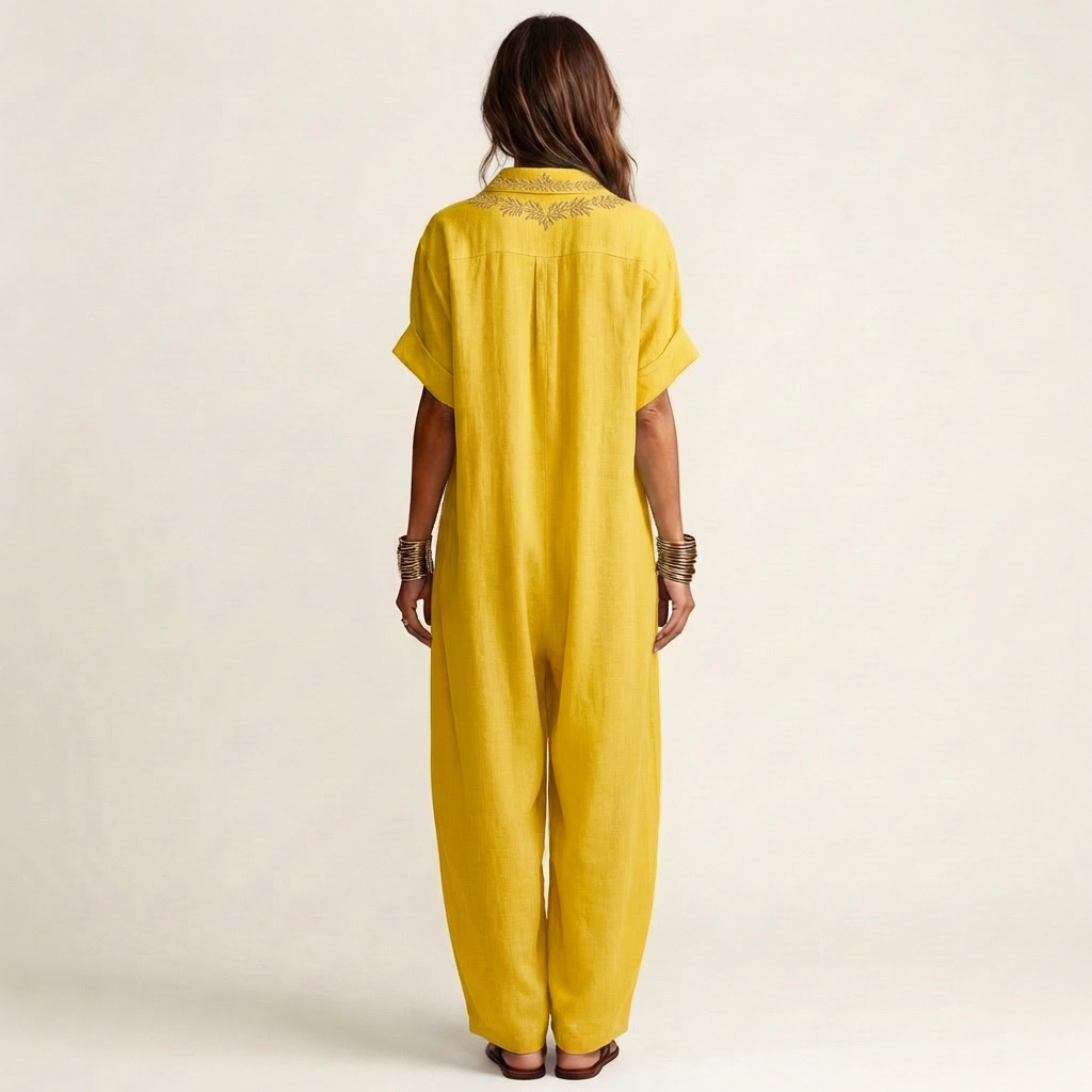 Amarina | Long linen dress with collar and embroidered V-neckline