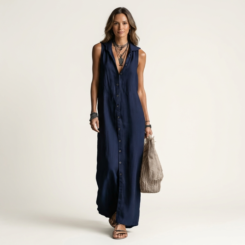 Mirabell | Sleeveless long linen dress with hood and front buttons