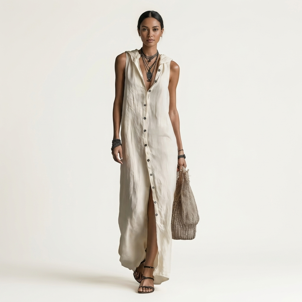 Mirabell | Sleeveless long linen dress with hood and front buttons