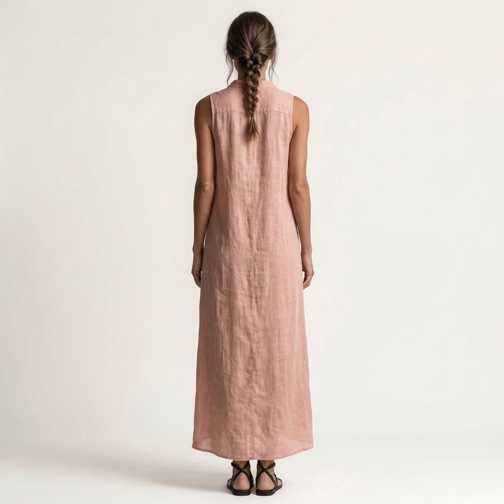 Mirabell | Long Linen Sleeveless Dress with Hood & Buttons Frontali