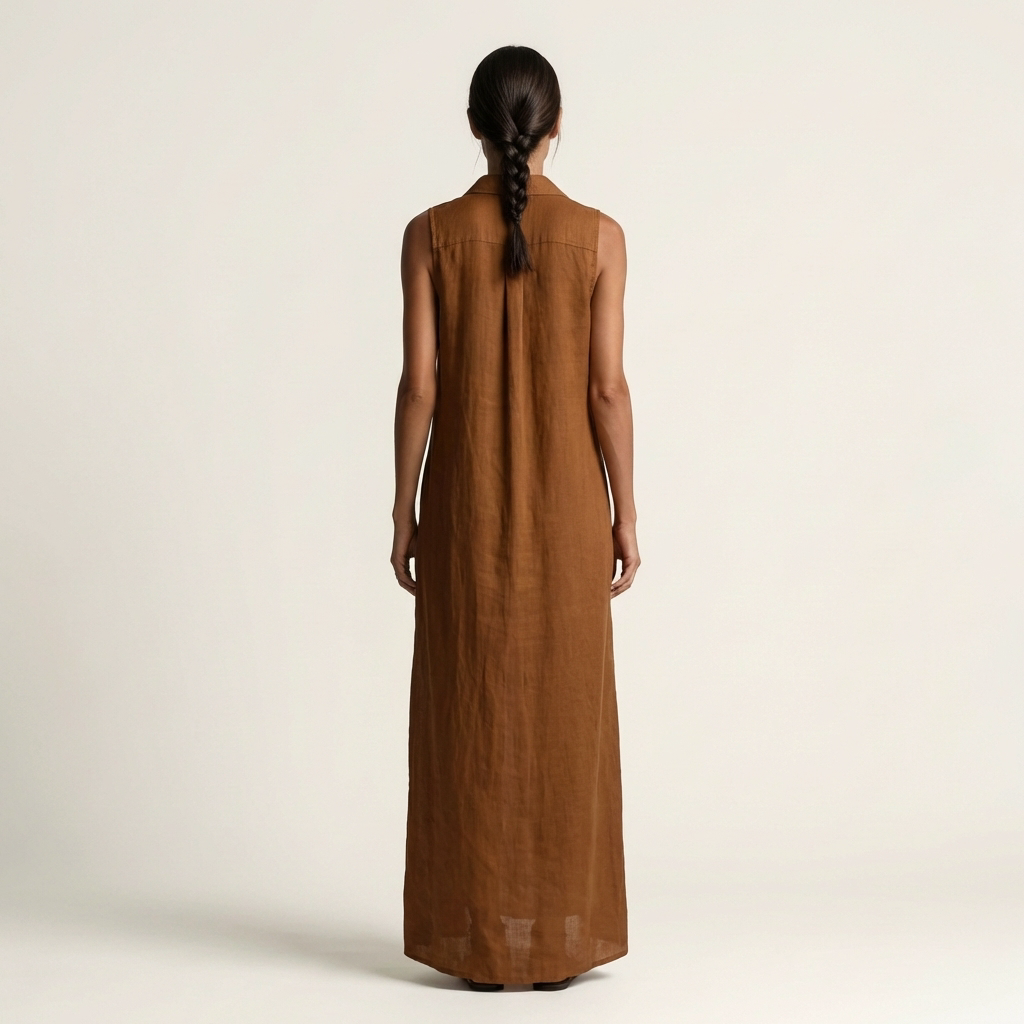 Mirabell | Long Linen Sleeveless Dress with Hood & Buttons Frontali