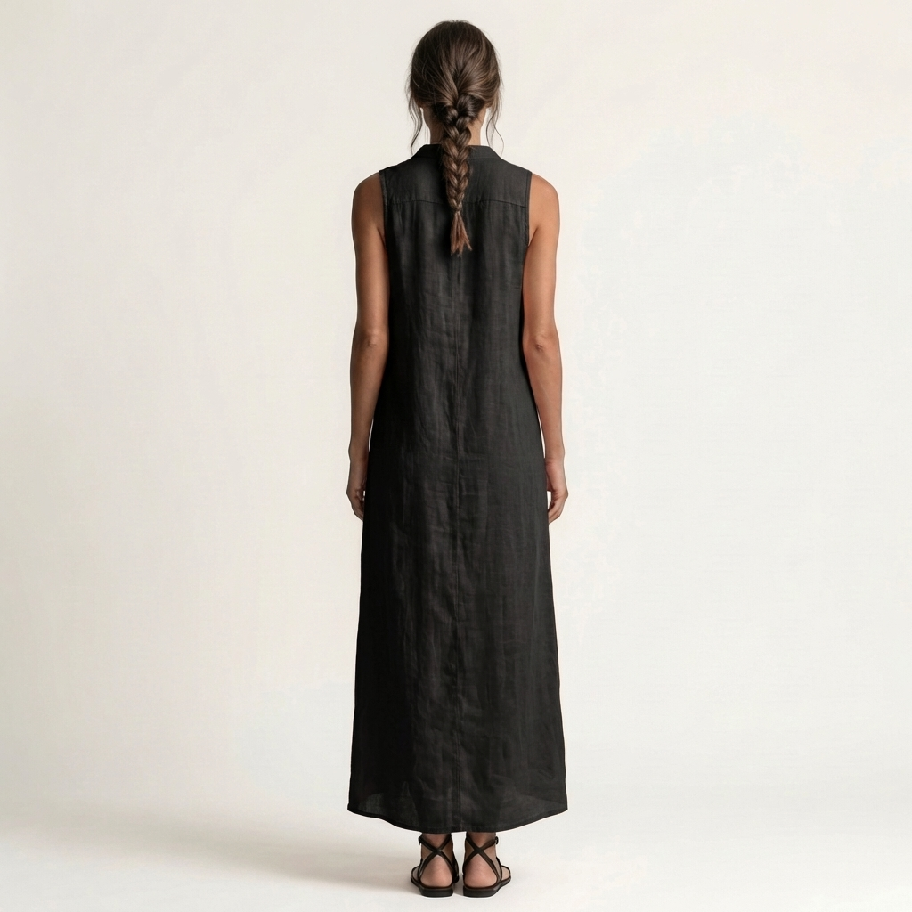 Mirabell | Long Linen Sleeveless Dress with Hood & Buttons Frontali