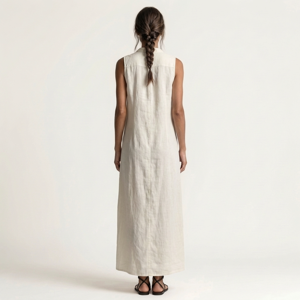 Mirabell | Long Linen Sleeveless Dress with Hood & Buttons Frontali