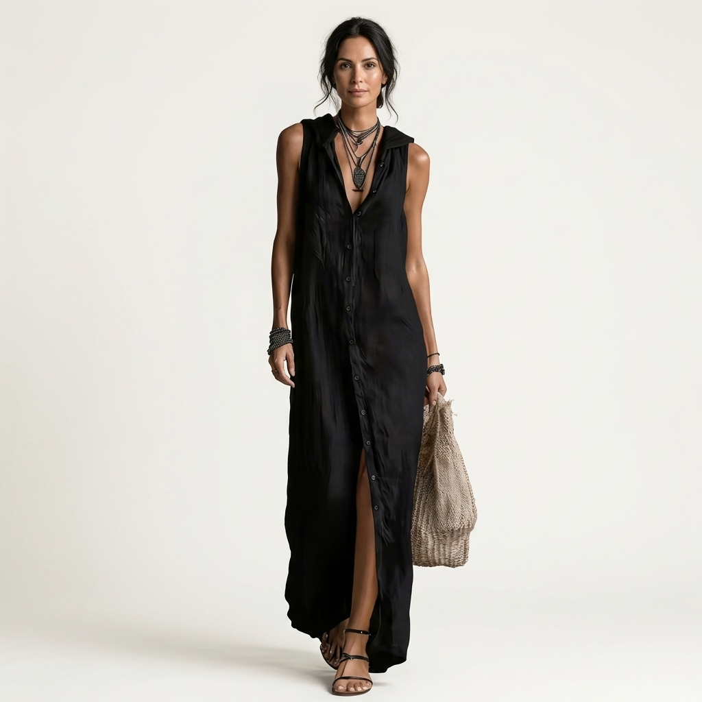 Mirabell | Sleeveless long linen dress with hood and front buttons