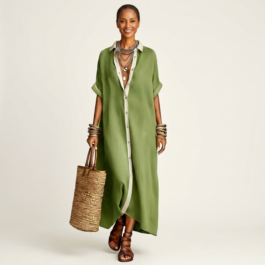 Kamira | Maxi Shirt Dress with Contrast Collar & Placket