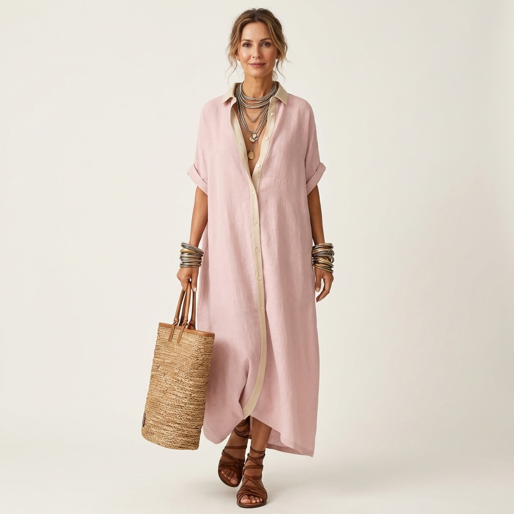 Kamira | Maxi Shirt Dress with Contrast Collar & Placket