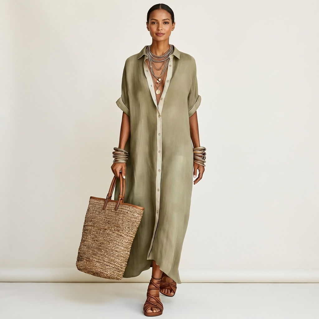 Kamira | Maxi Shirt Dress with Contrast Collar & Placket