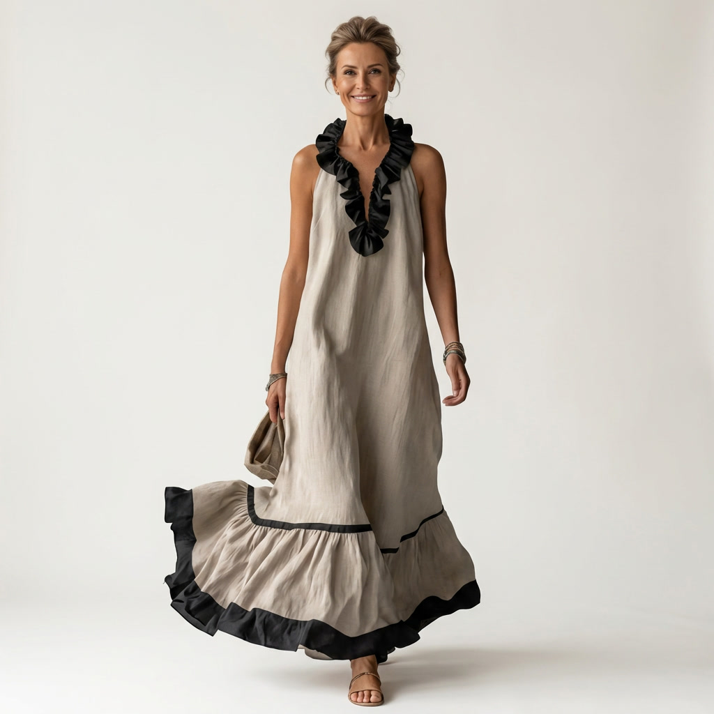 Mayline | Maxi Sleeveless Dress with Ruffle Neckline & Contrast Trim