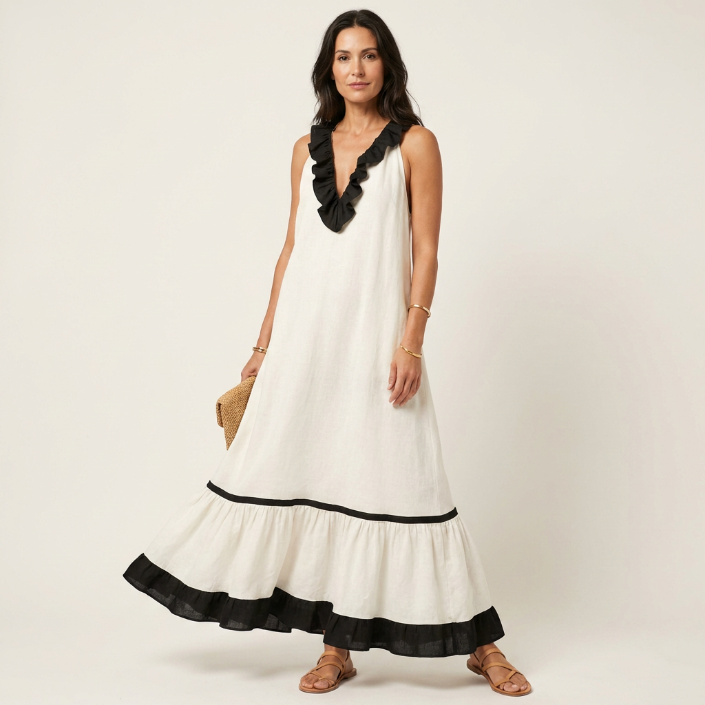 Mayline | Maxi Sleeveless Dress with Ruffle Neckline & Contrast Trim