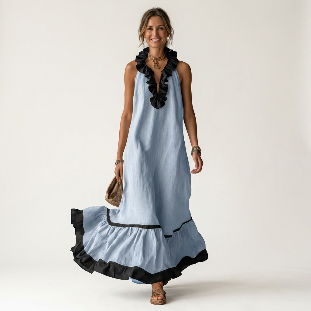 Mayline | Maxi Sleeveless Dress with Ruffle Neckline & Contrast Trim