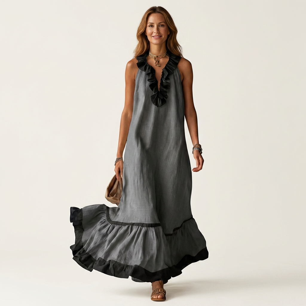 Mayline | Maxi Sleeveless Dress with Ruffle Neckline & Contrast Trim