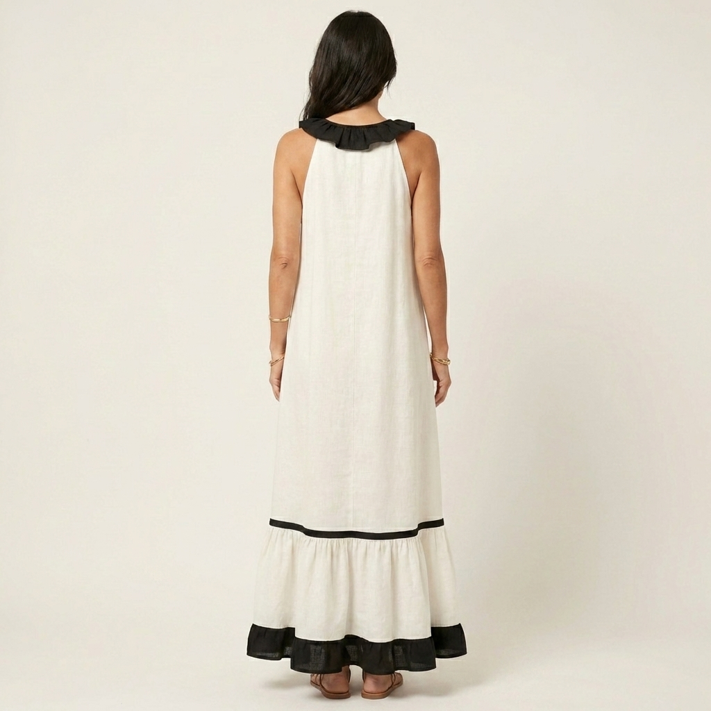 Mayline | Maxi Sleeveless Dress with Ruffle Neckline & Contrast Trim