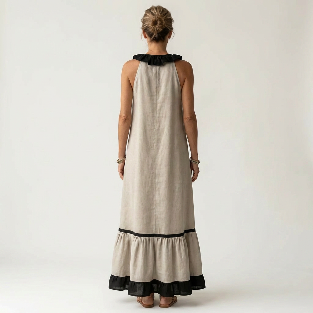 Mayline | Maxi Sleeveless Dress with Ruffle Neckline & Contrast Trim