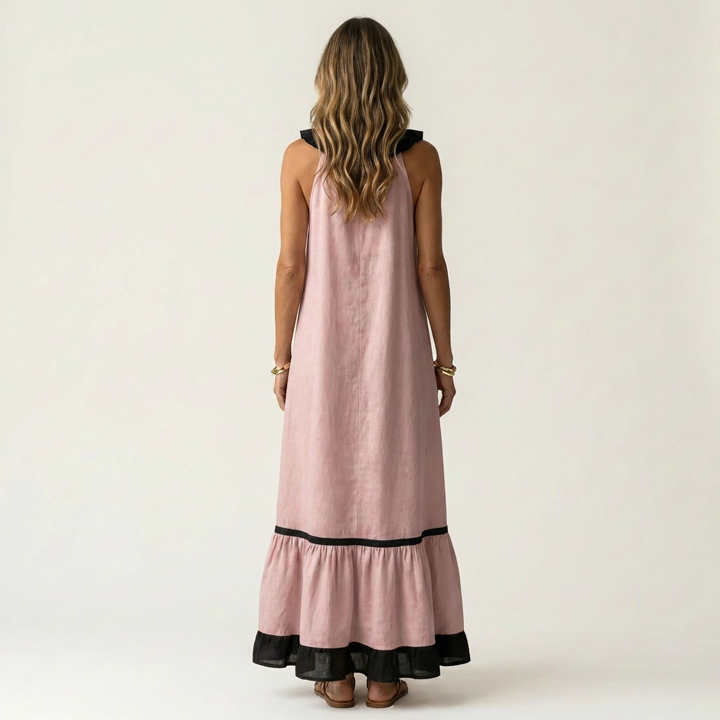 Mayline | Maxi Sleeveless Dress with Ruffle Neckline & Contrast Trim