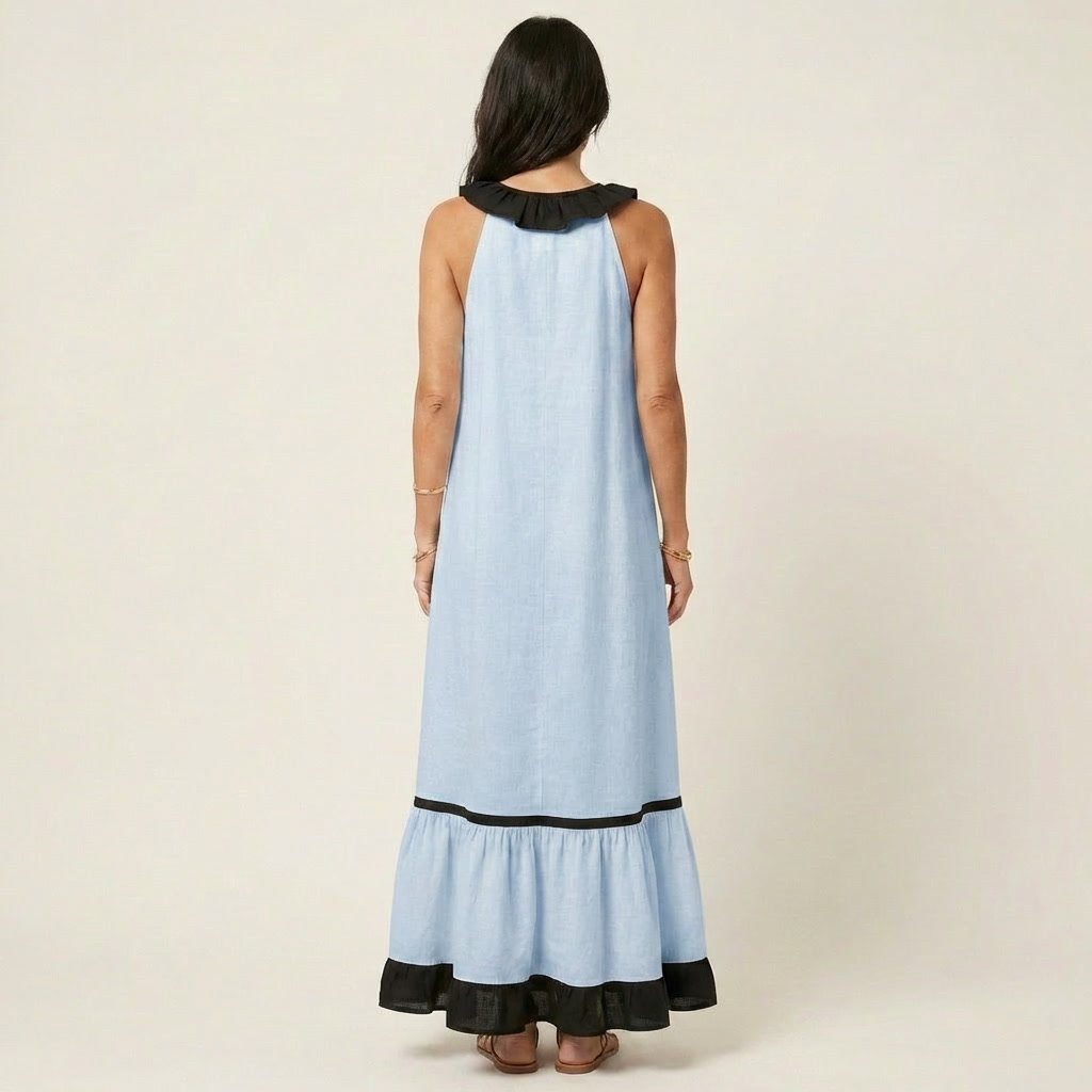 Mayline | Maxi Sleeveless Dress with Ruffle Neckline & Contrast Trim