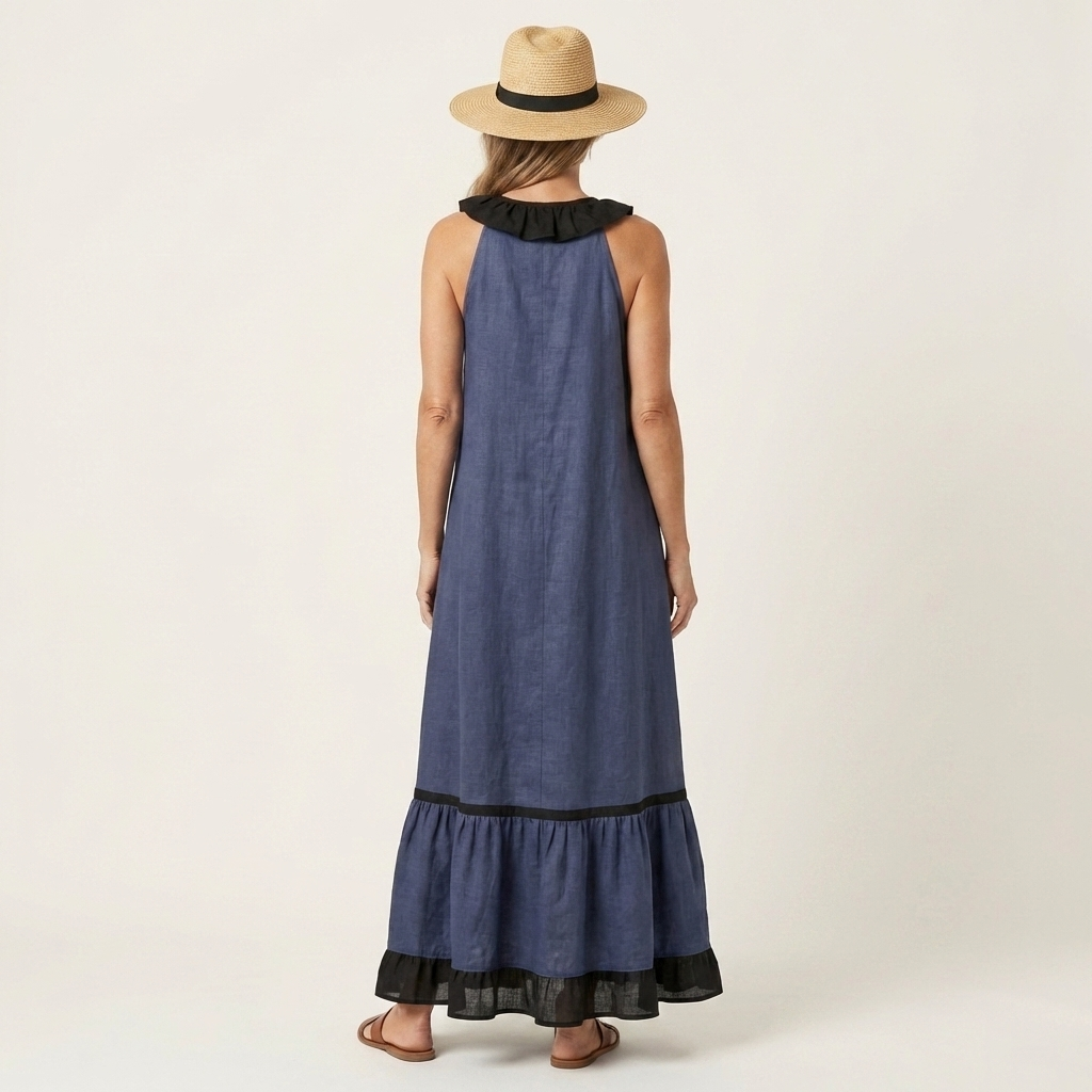 Mayline | Maxi Sleeveless Dress with Ruffle Neckline & Contrast Trim