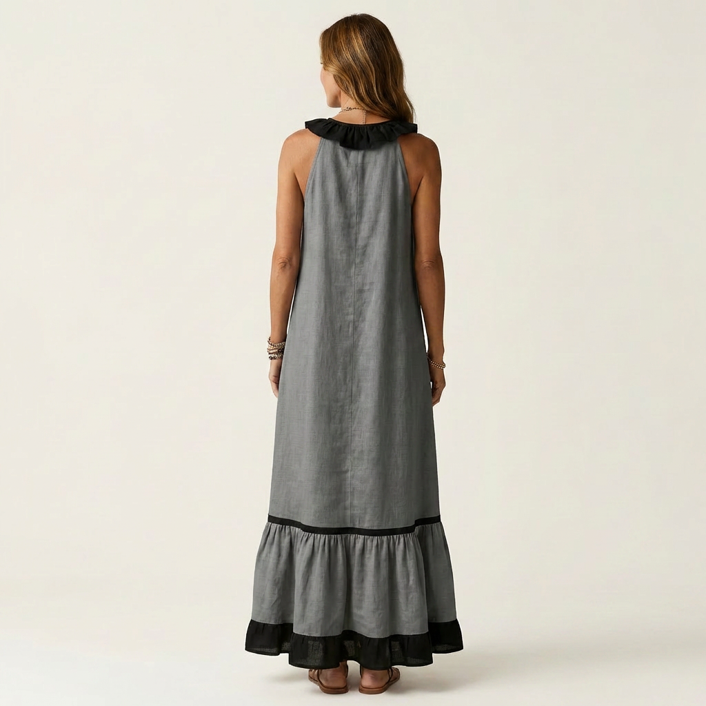 Mayline | Maxi Sleeveless Dress with Ruffle Neckline & Contrast Trim