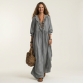 Yosetta | Striped long dress with V-neck with ruffles and lantern sleeves