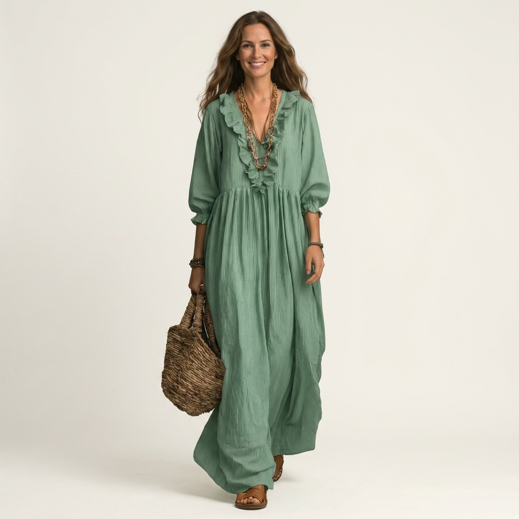 Yosetta | Striped long dress with V-neck with ruffles and lantern sleeves