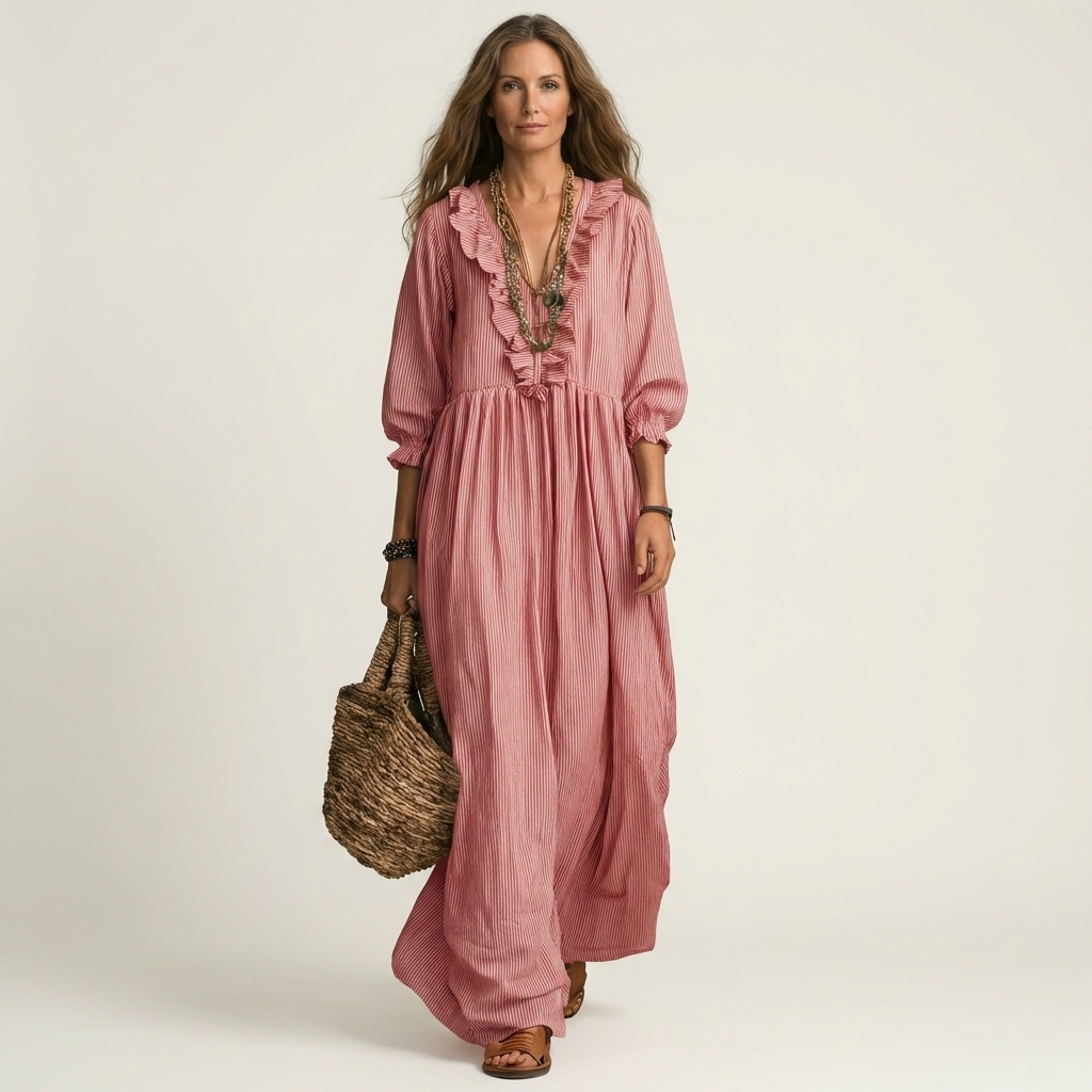 Yosetta | Striped long dress with V-neck with ruffles and lantern sleeves