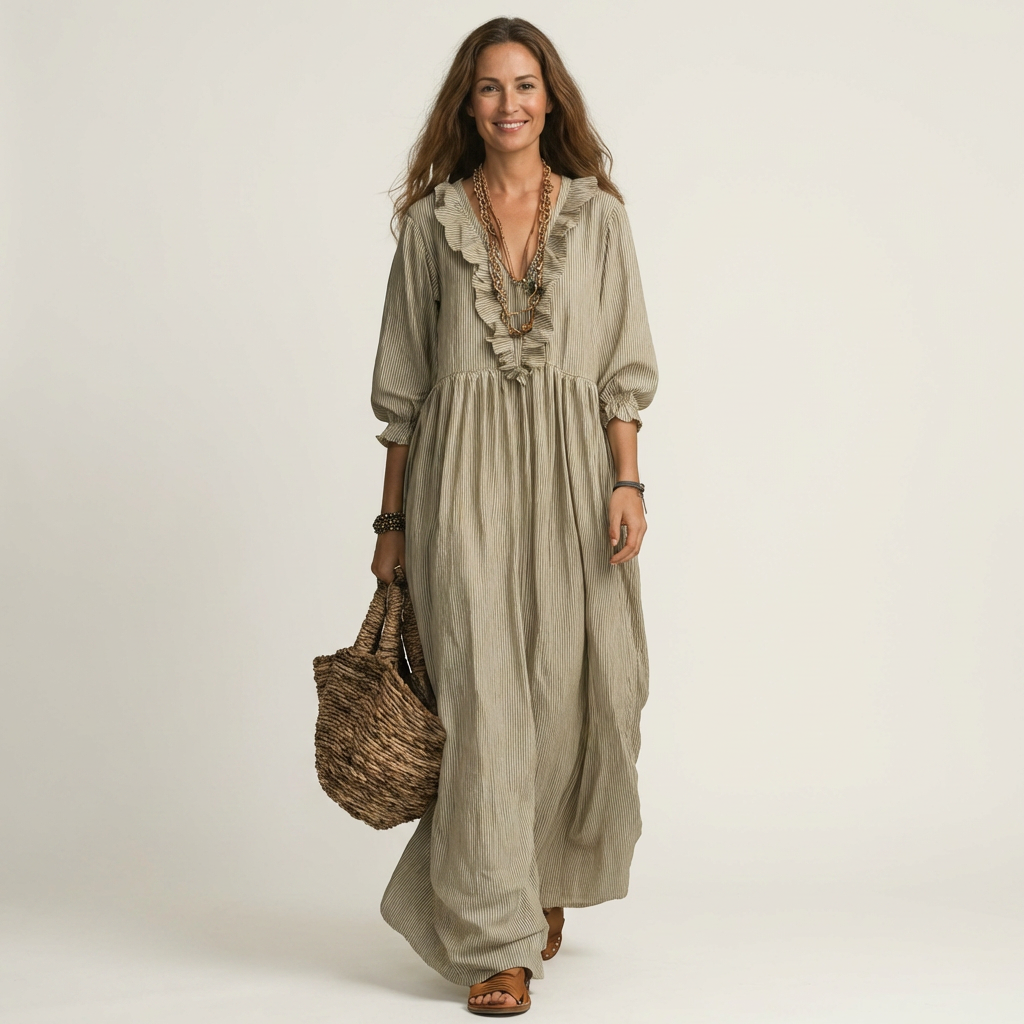Yosetta | Striped long dress with V-neck with ruffles and lantern sleeves