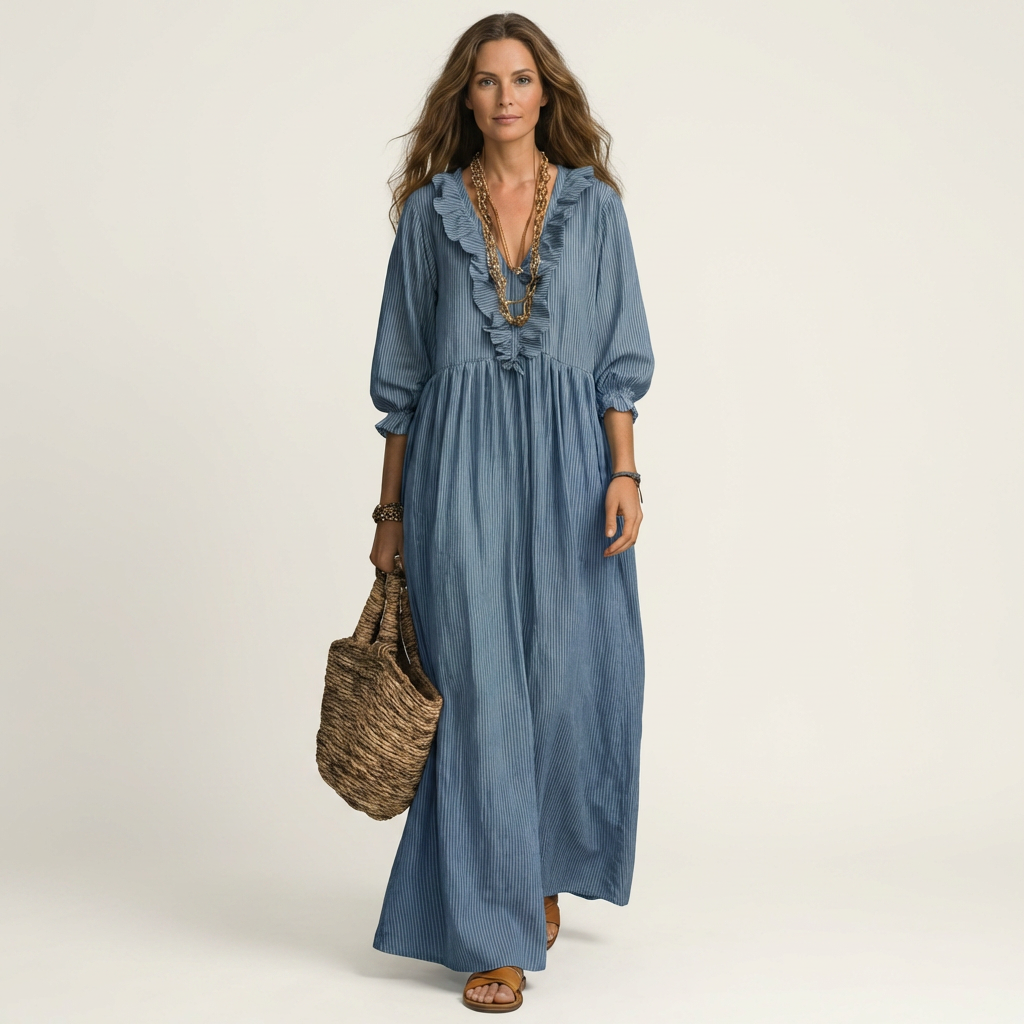 Yosetta | Striped long dress with V-neck with ruffles and lantern sleeves
