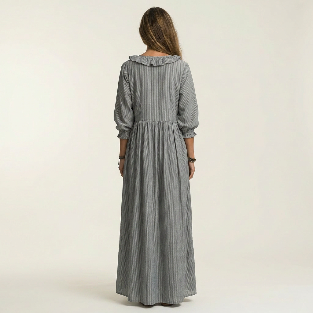Yosetta | Striped long dress with V-neck with ruffles and lantern sleeves