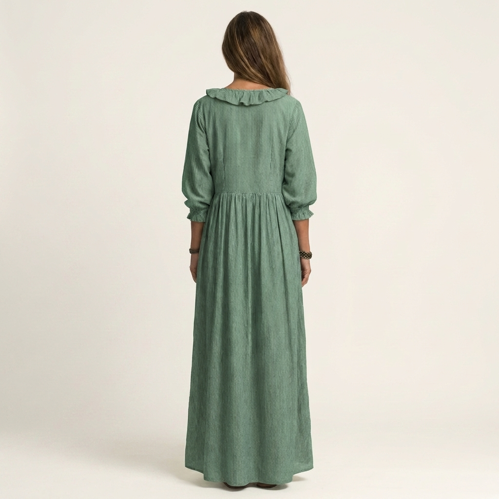 Yosetta | Striped long dress with V-neck with ruffles and lantern sleeves