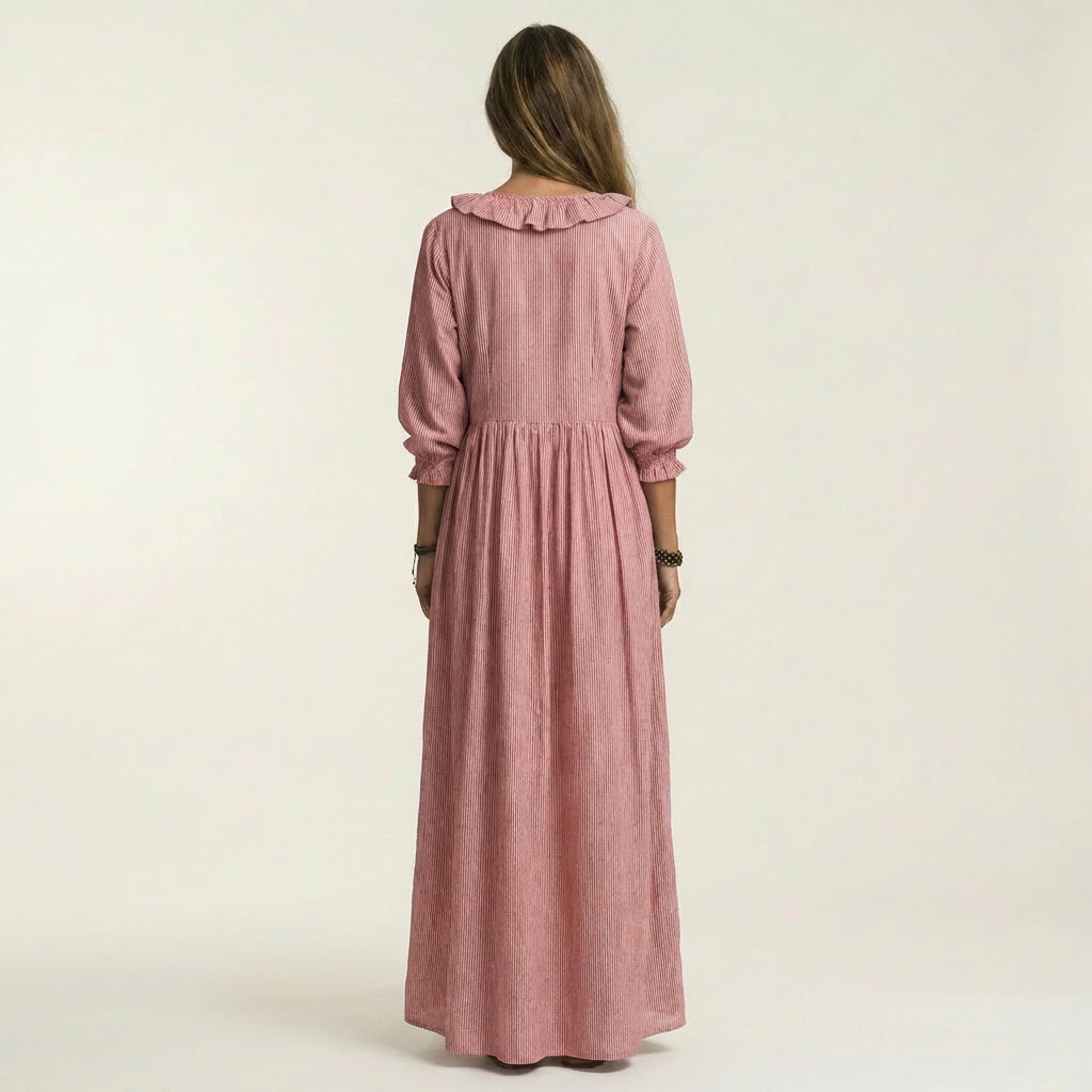 Yosetta | Striped long dress with V-neck with ruffles and lantern sleeves