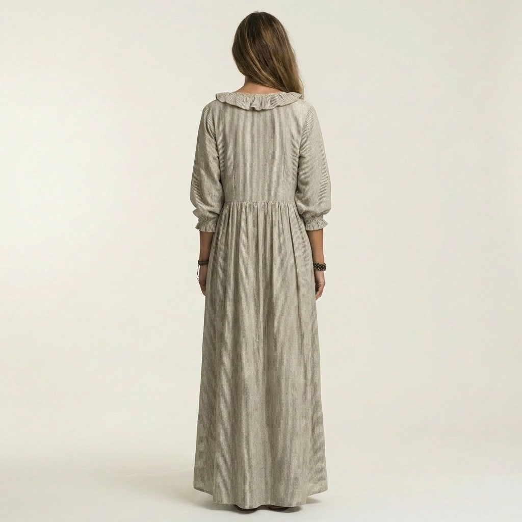 Yosetta | Striped long dress with V-neck with ruffles and lantern sleeves
