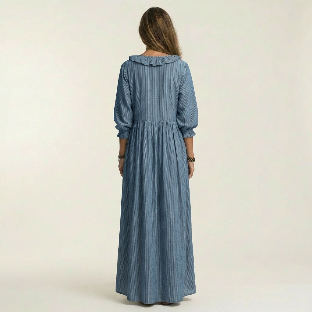 Yosetta | Striped long dress with V-neck with ruffles and lantern sleeves