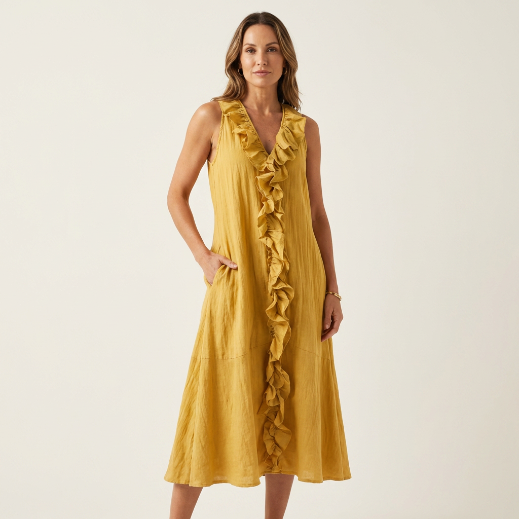 Vicky | Sleeveless long linen dress with V-neck and front ruffle