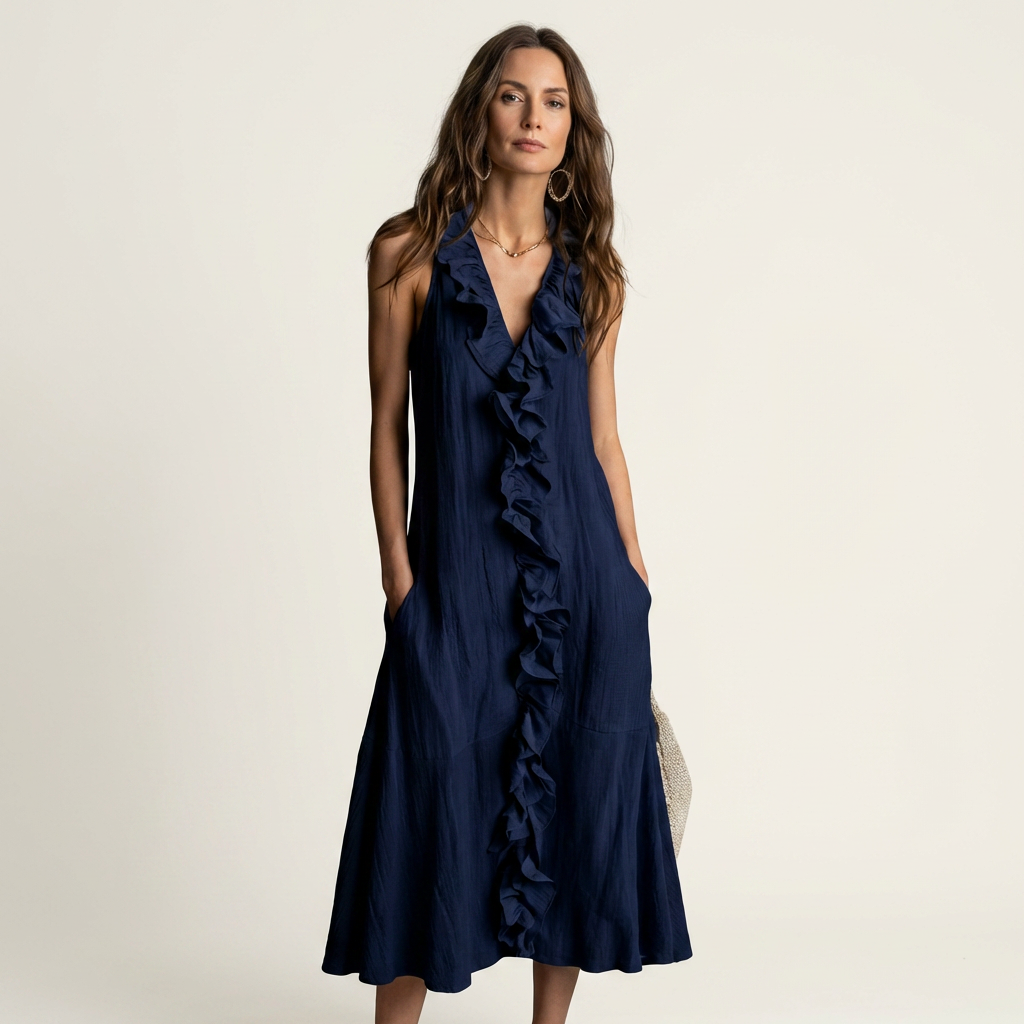 Vicky | Sleeveless long linen dress with V-neck and front ruffle
