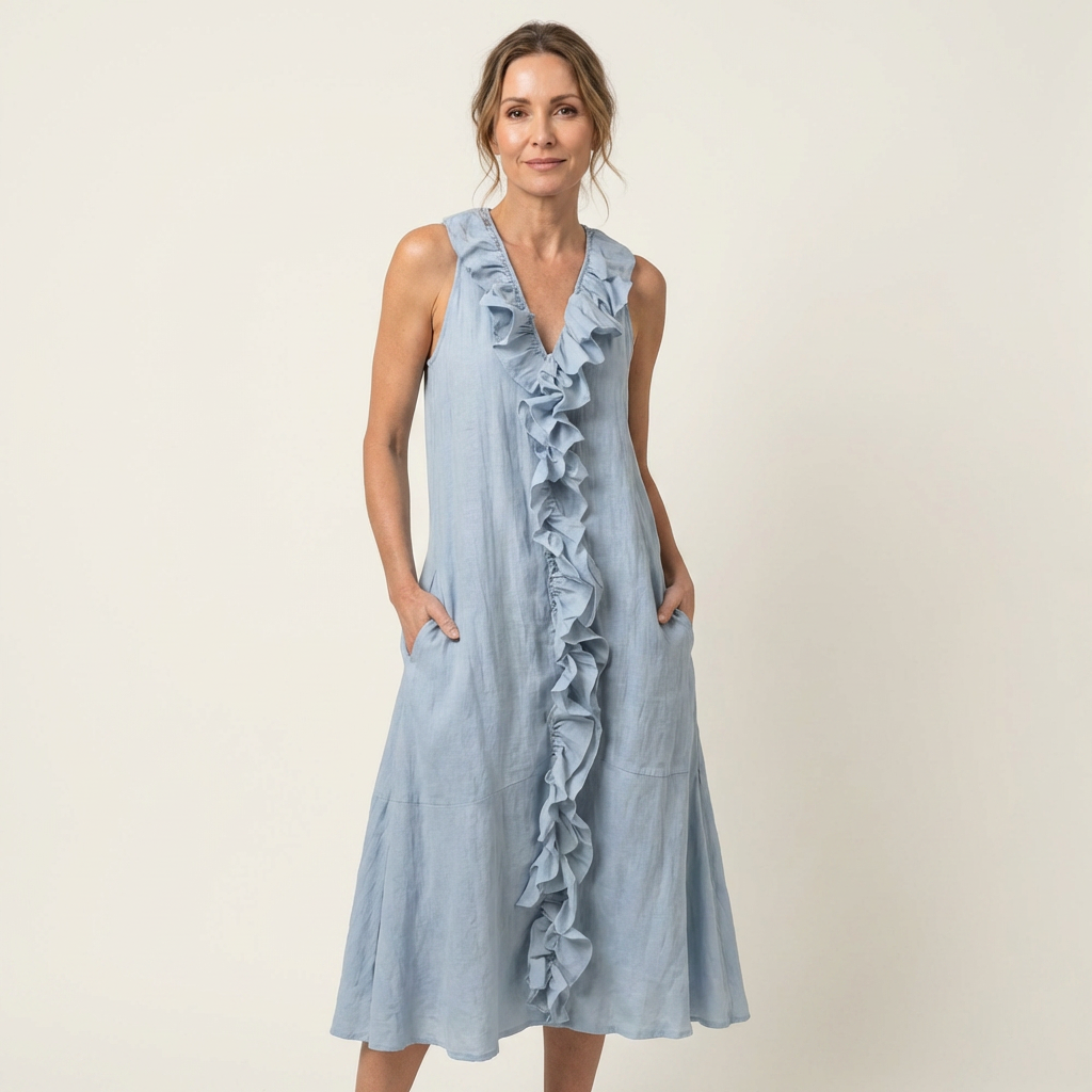 Vicky | Sleeveless long linen dress with V-neck and front ruffle