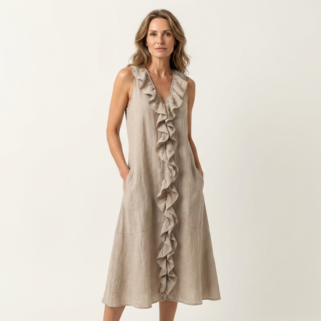 Vicky | Sleeveless long linen dress with V-neck and front ruffle