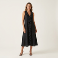 Vicky | Long Linen Sleeveless Dress with V-Neck & Front Ruffle
