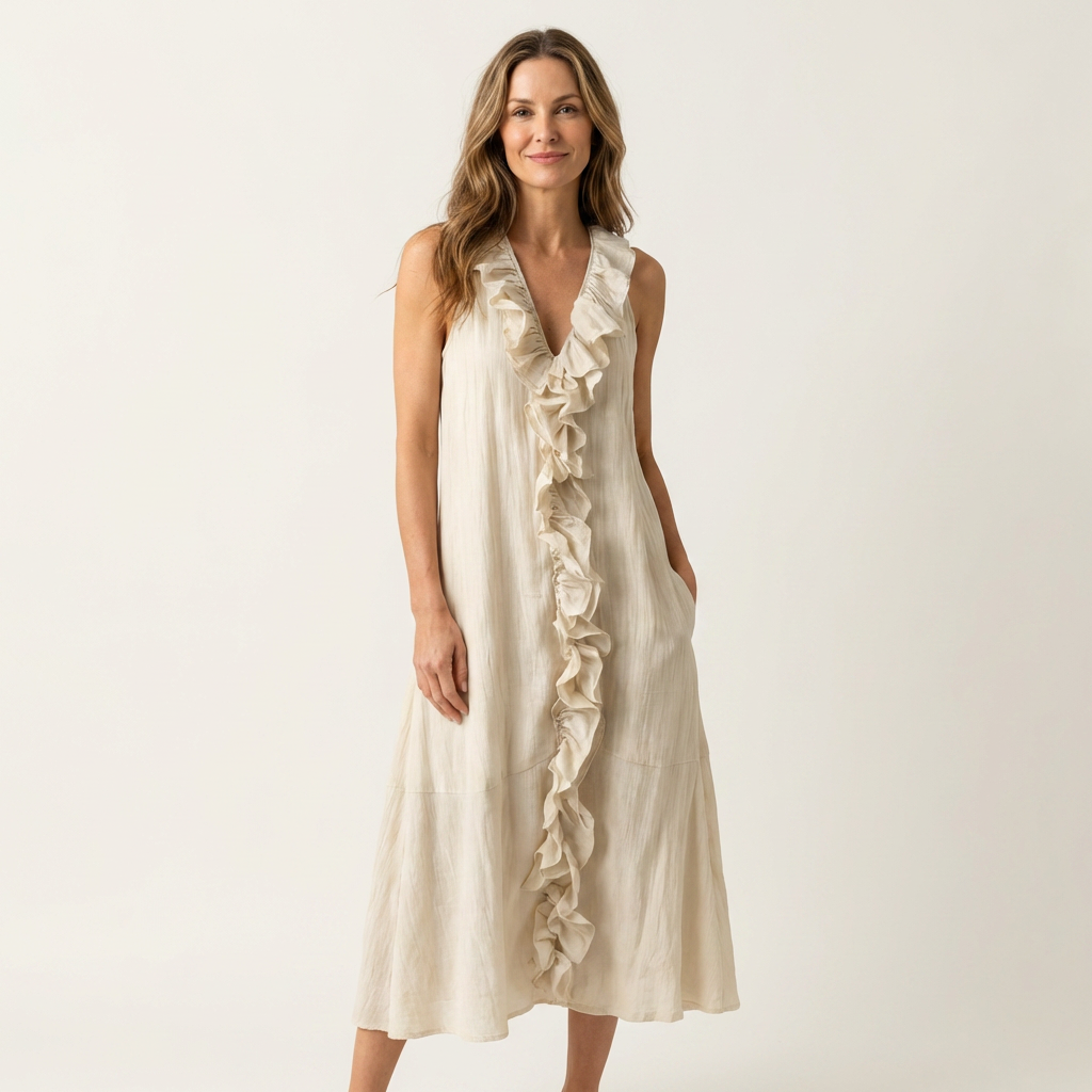 Vicky | Sleeveless long linen dress with V-neck and front ruffle