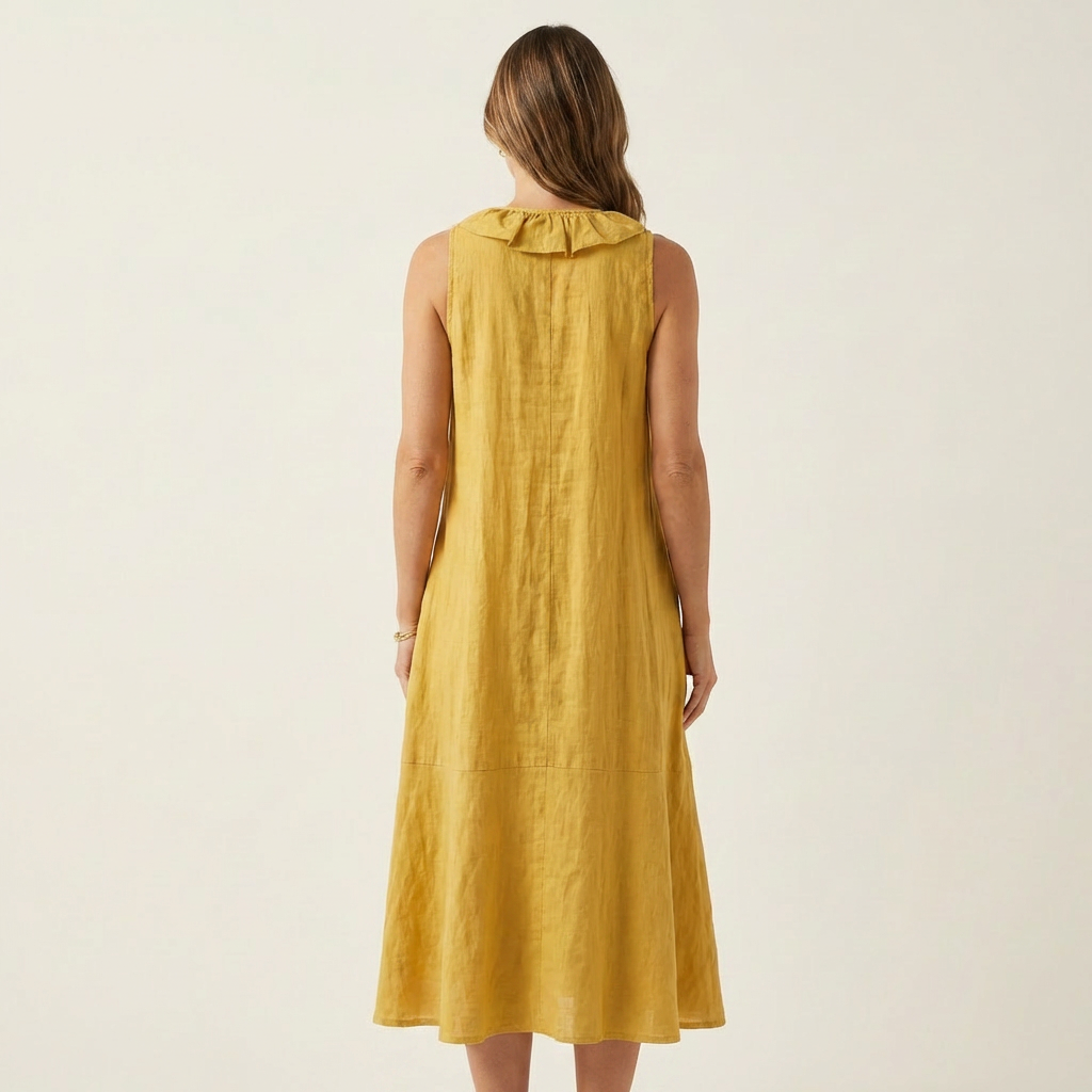 Vicky | Long Linen Sleeveless Dress with V-Neck & Front Ruffle