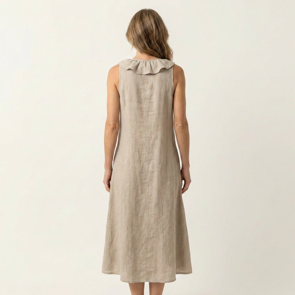 Vicky | Long Linen Sleeveless Dress with V-Neck & Front Ruffle