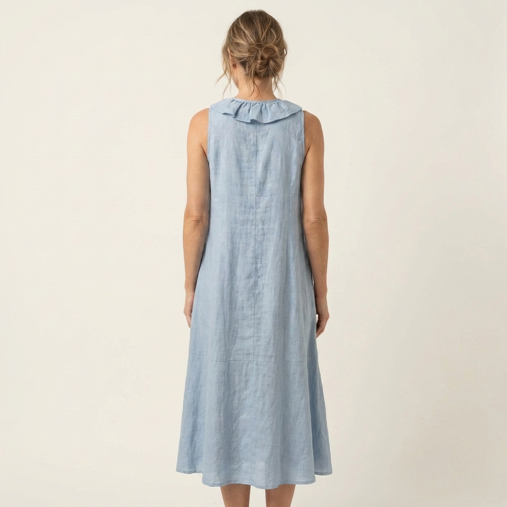 Vicky | Long Linen Sleeveless Dress with V-Neck & Front Ruffle